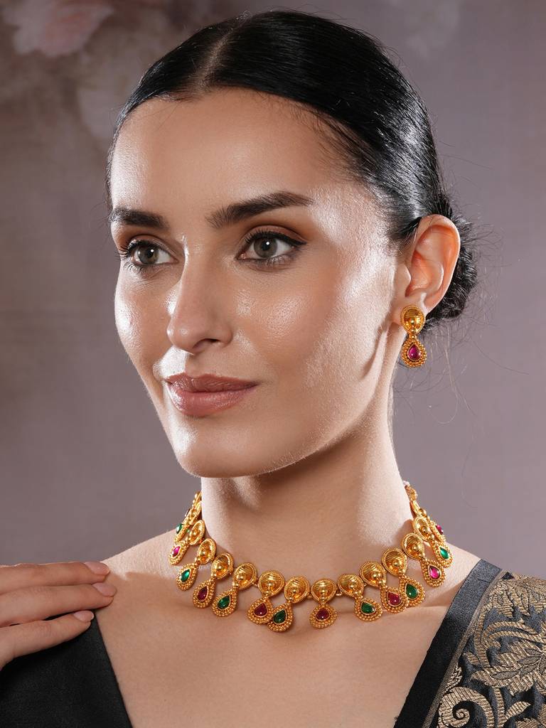 Gold Plated Artificial Stones Studded Antique Necklace & Earrings Set : NL-JS25-40460