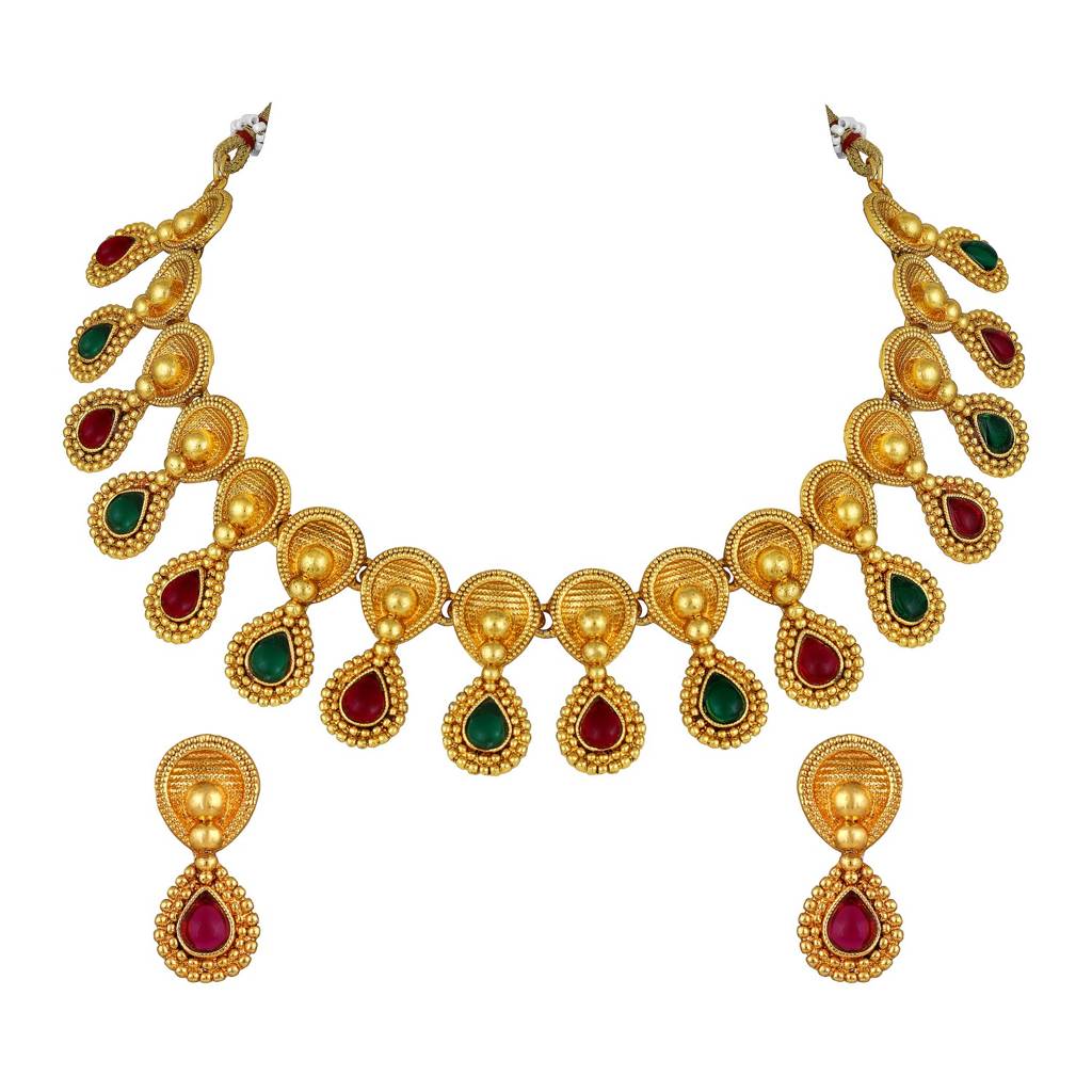 Gold Plated Artificial Stones Studded Antique Necklace & Earrings Set : NL-JS25-40460