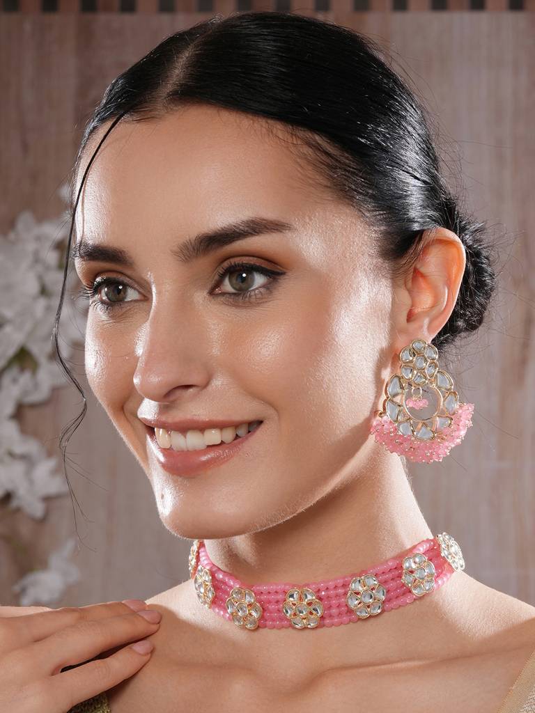 Gold-Plated Baby Pink Kundan-Studded & Beaded Necklace & Earrings Set-40462 : NL-JS25-40462