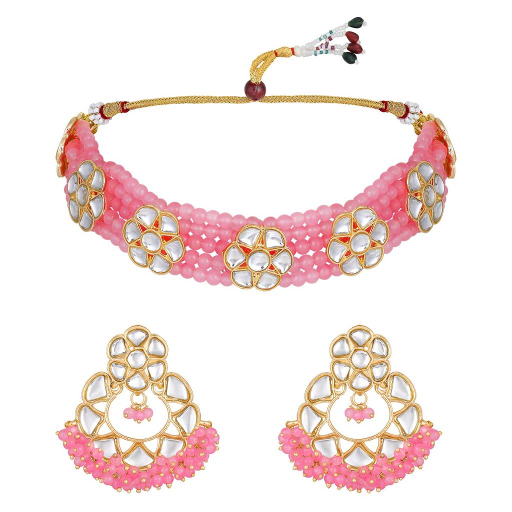 Gold-Plated Baby Pink Kundan-Studded & Beaded Necklace & Earrings Set-40462 : NL-JS25-40462