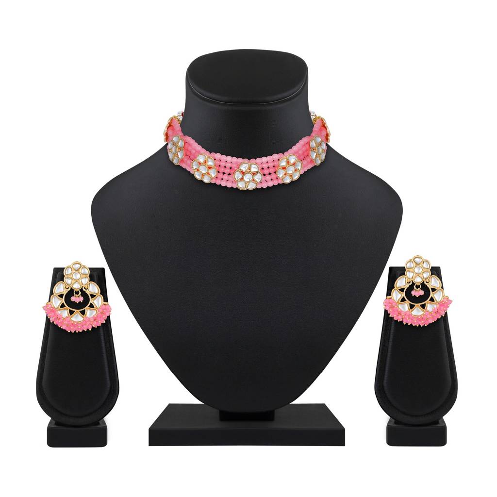 Gold-Plated Baby Pink Kundan-Studded & Beaded Necklace & Earrings Set-40462 : NL-JS25-40462