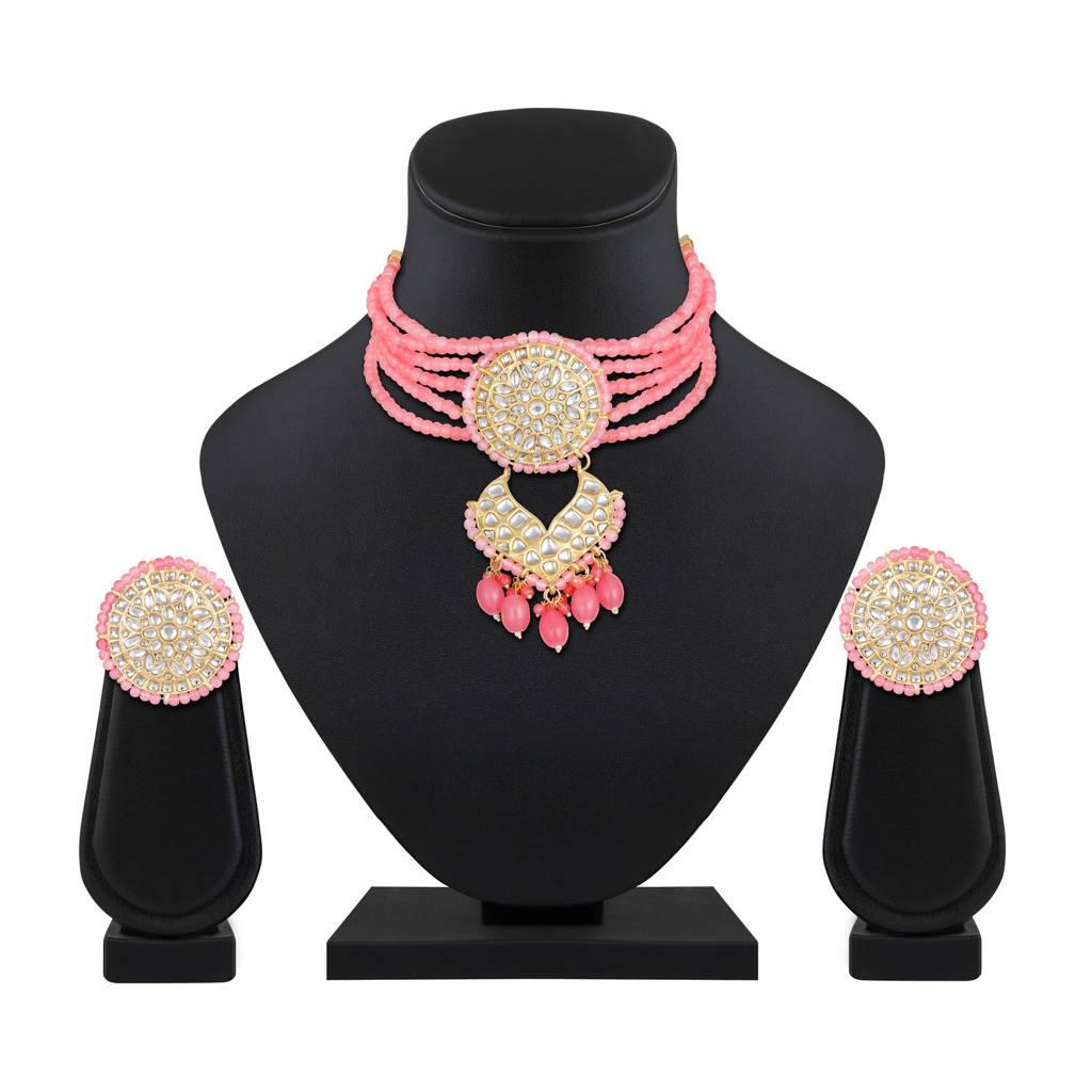 Gold-Plated Baby Pink Kundan-Studded & Beaded Necklace & Earrings Set-40464 : NL-JS25-40464