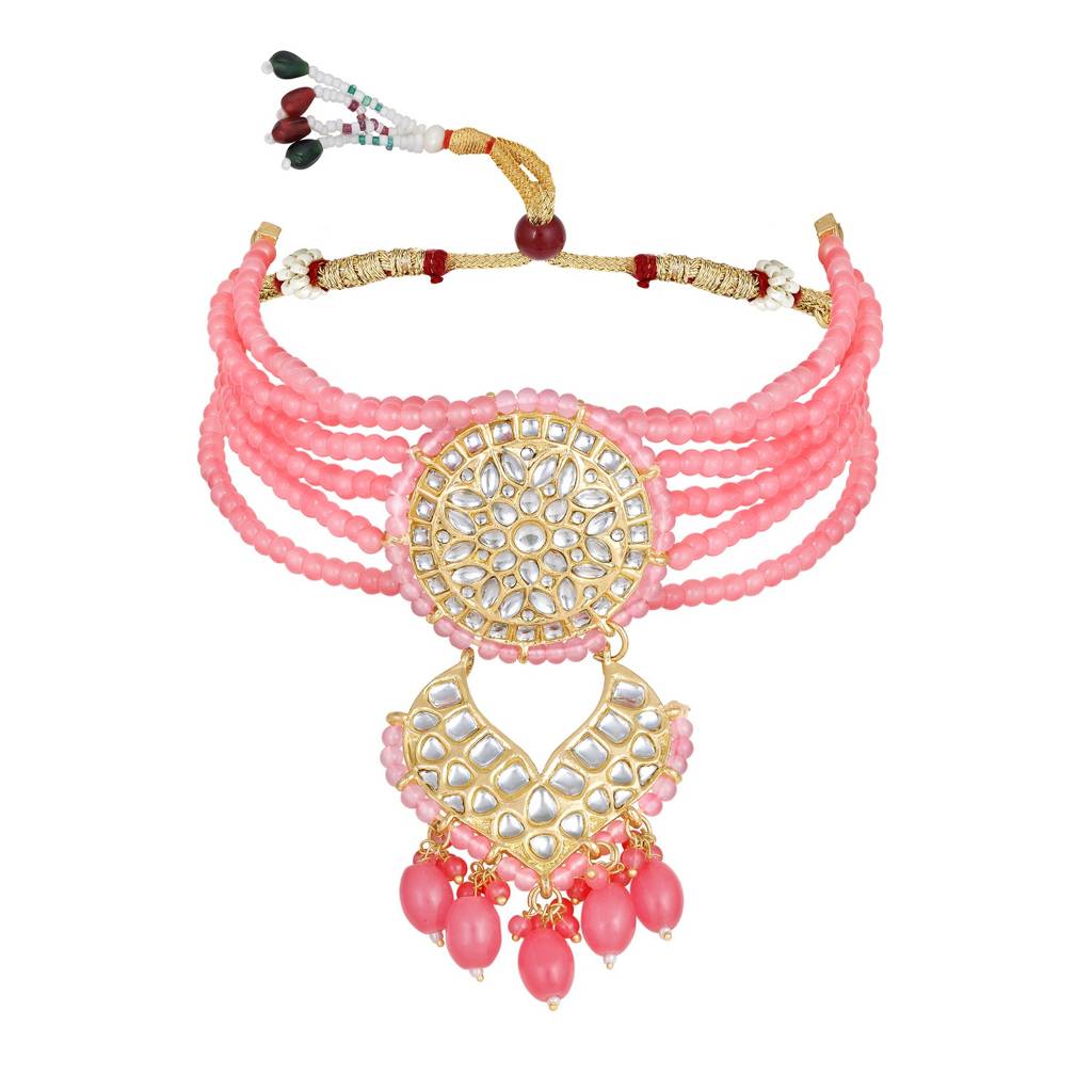 Gold-Plated Baby Pink Kundan-Studded & Beaded Necklace & Earrings Set-40464 : NL-JS25-40464