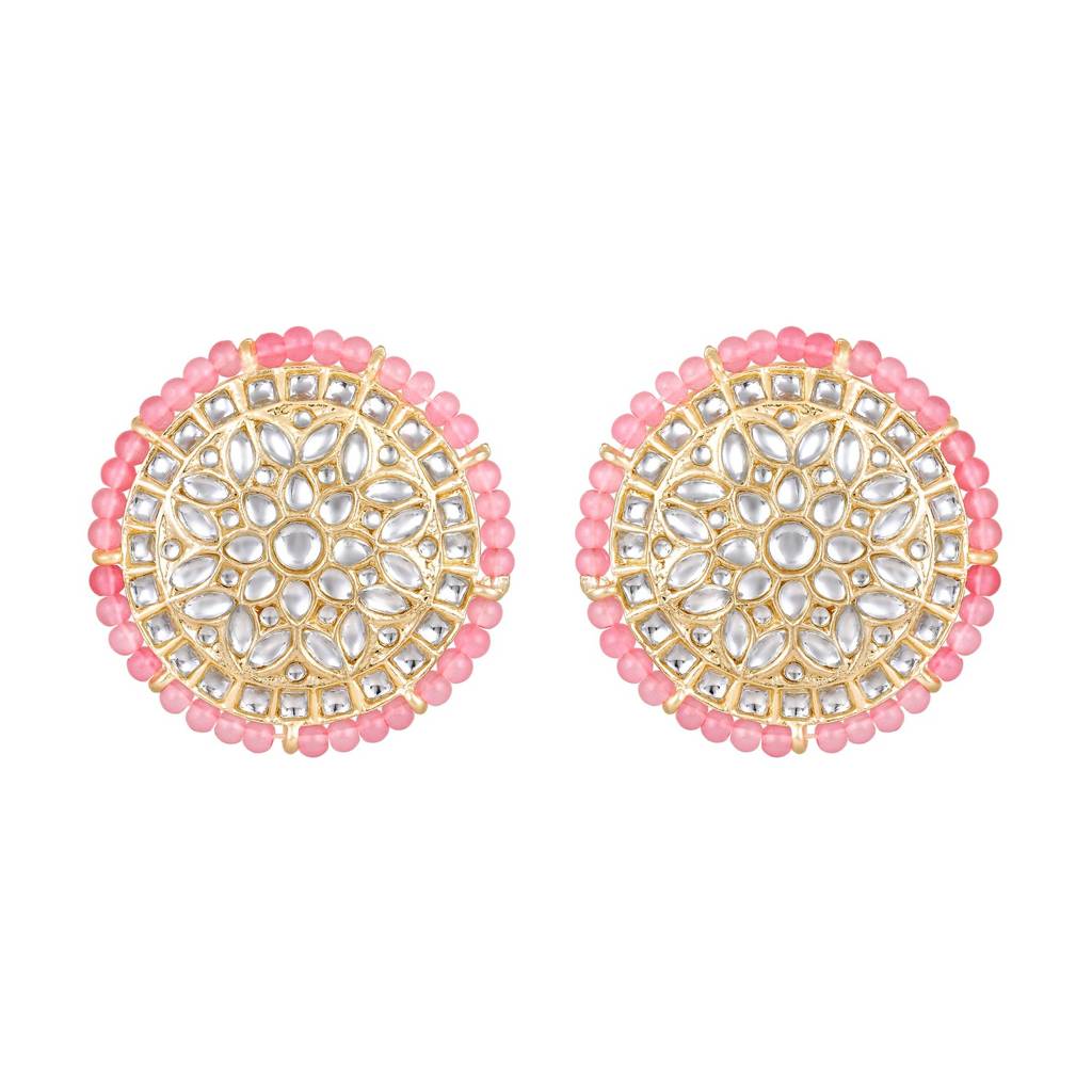 Gold-Plated Baby Pink Kundan-Studded & Beaded Necklace & Earrings Set-40464 : NL-JS25-40464