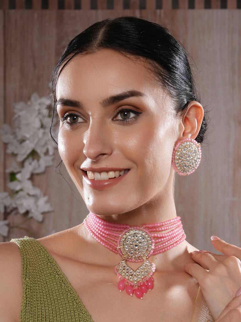 Gold-Plated Baby Pink Kundan-Studded & Beaded Necklace & Earrings Set-40464 : NL-JS25-40464