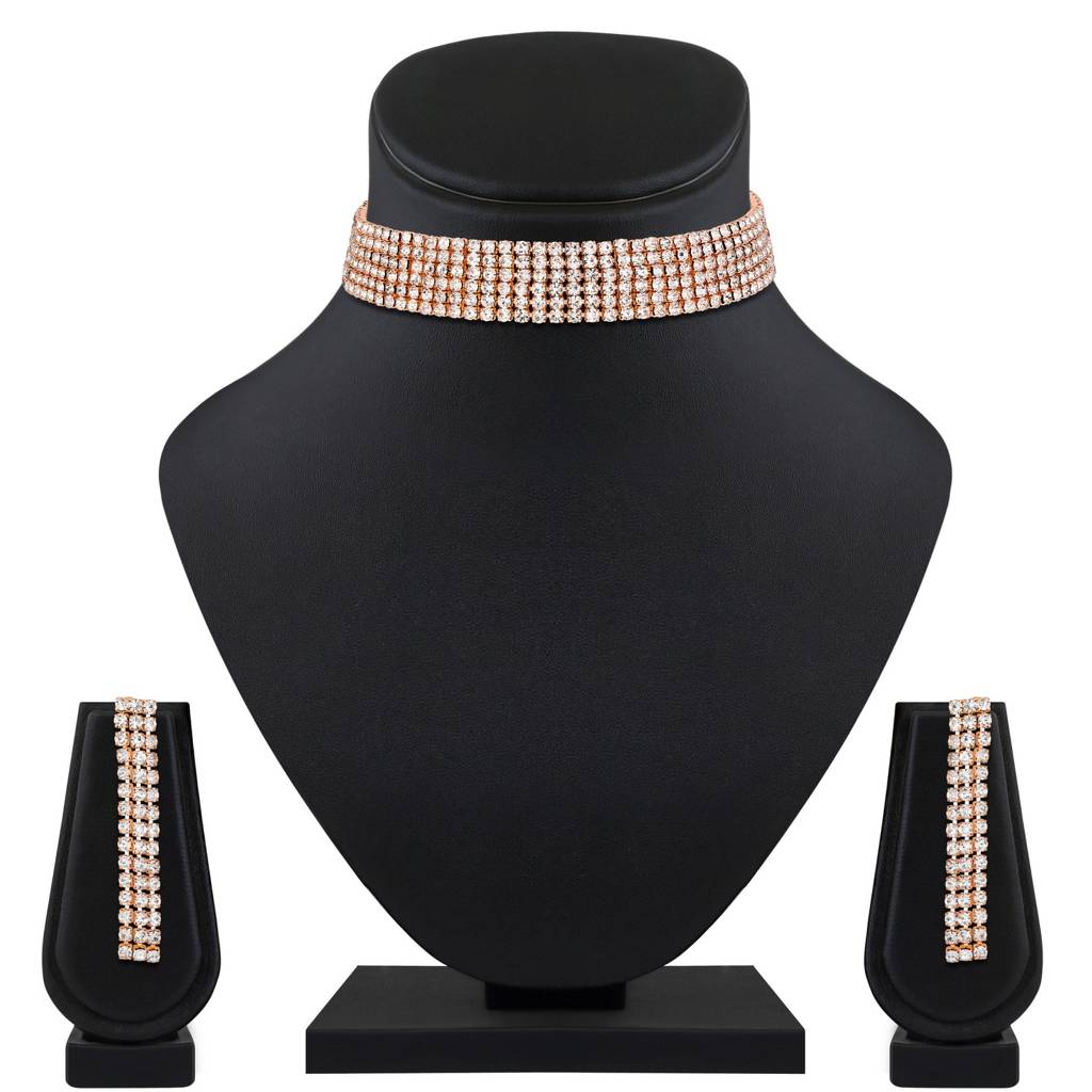 Rosegold Plated Crystal& Zirconia Studded Multistrand Jewellery Set : NL-JS25-40469