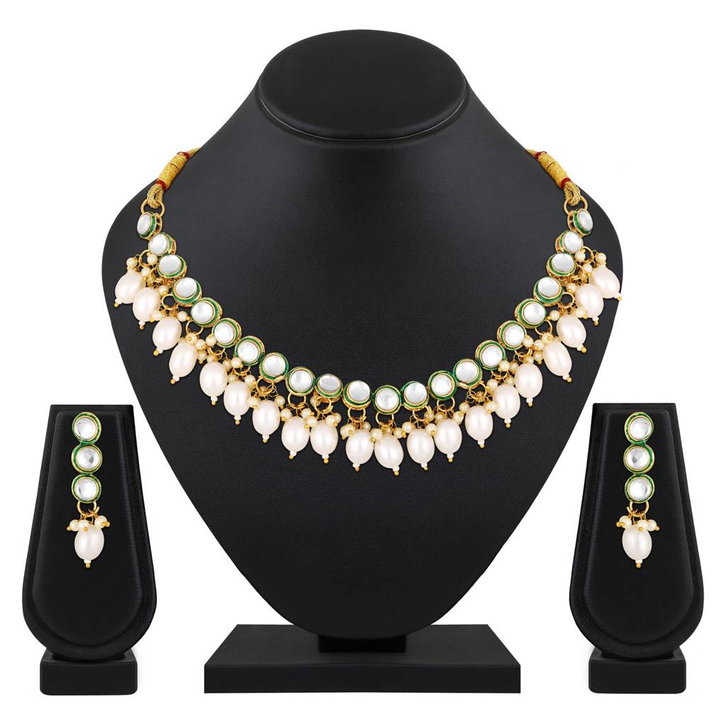 Gold-Plated Circular Kundan Studded & Beaded Jewellery Set : NL-JS25-40522
