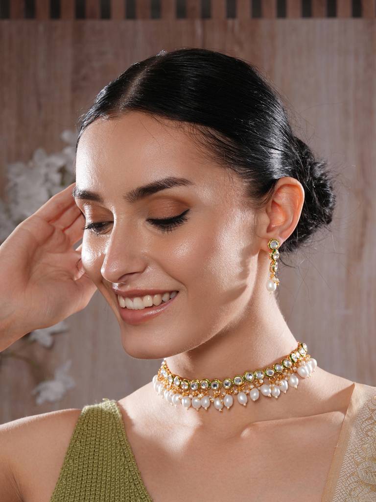 Gold-Plated Circular Kundan Studded & Beaded Jewellery Set : NL-JS25-40522