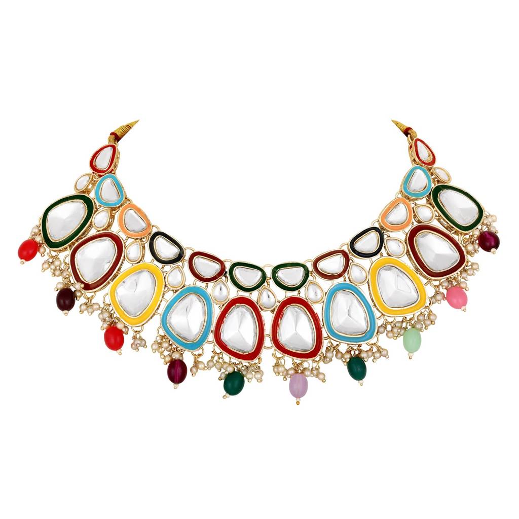 Gold-Plated Multicoloured Stone Studded Jewellery Set With Maangtikka : NL-JS25-40530