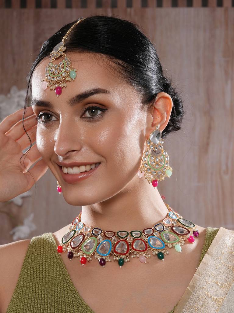 Gold-Plated Multicoloured Stone Studded Jewellery Set With Maangtikka : NL-JS25-40530