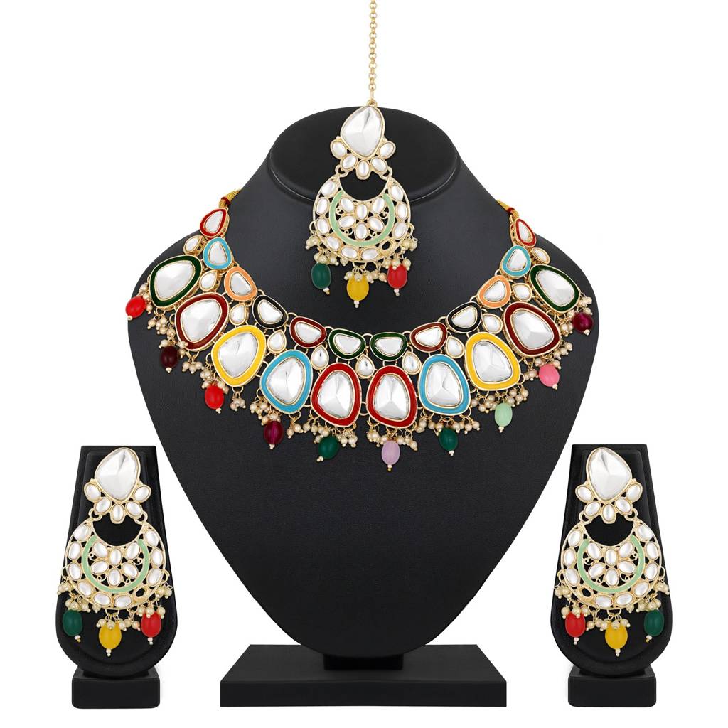 Gold-Plated Multicoloured Stone Studded Jewellery Set With Maangtikka : NL-JS25-40530