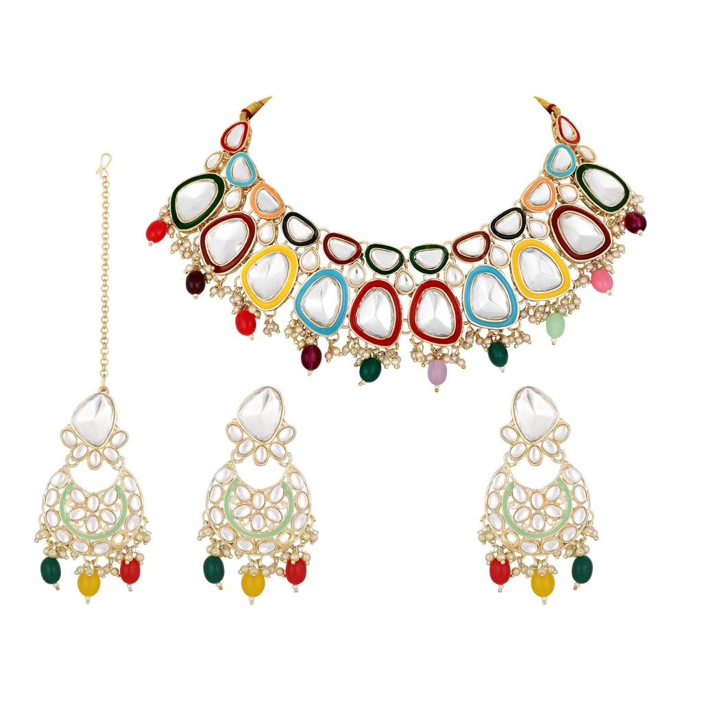 Gold-Plated Multicoloured Stone Studded Jewellery Set With Maangtikka : NL-JS25-40530
