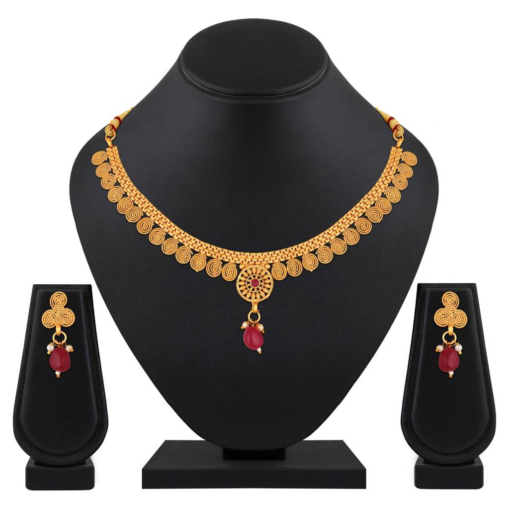 Gold-Plated Red Stone Studded- Spiral Necklace Set : NL-JS25-40531
