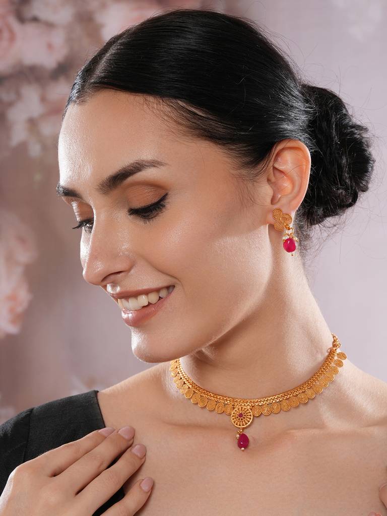 Gold-Plated Red Stone Studded- Spiral Necklace Set : NL-JS25-40531
