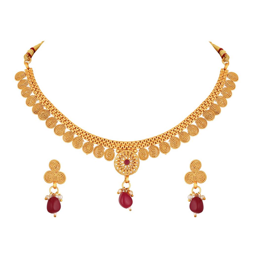Gold-Plated Red Stone Studded- Spiral Necklace Set : NL-JS25-40531