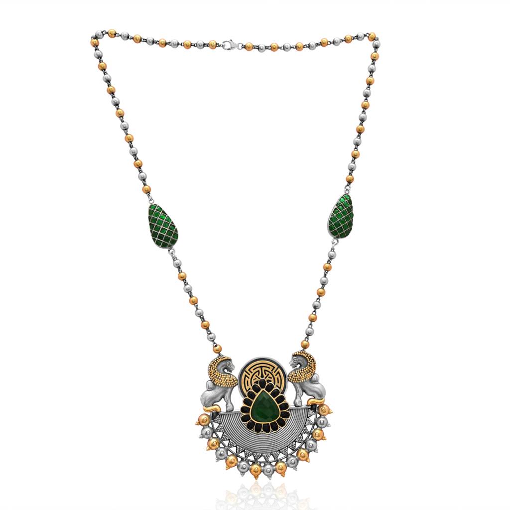 925 Pure Antique Silver Necklace | Green Stone Oxidized Necklace Set : NL1035