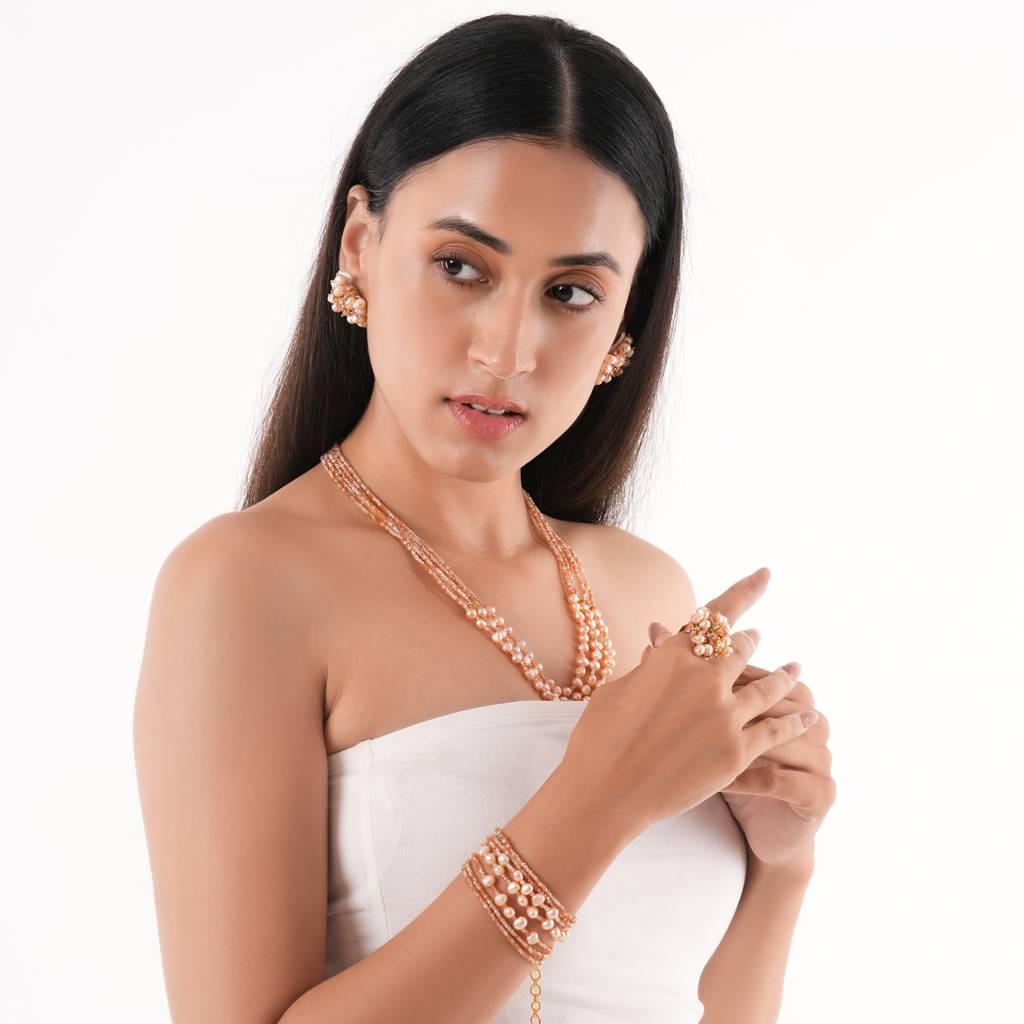 Peach Crystal Fresh Water Pearl Layered Adjustable Bracelet : NLBR-138-01PEACH