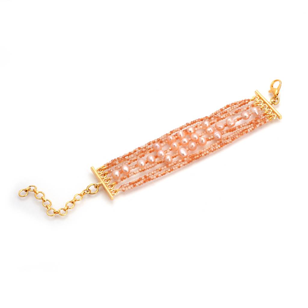 Peach Crystal Fresh Water Pearl Layered Adjustable Bracelet : NLBR-138-01PEACH