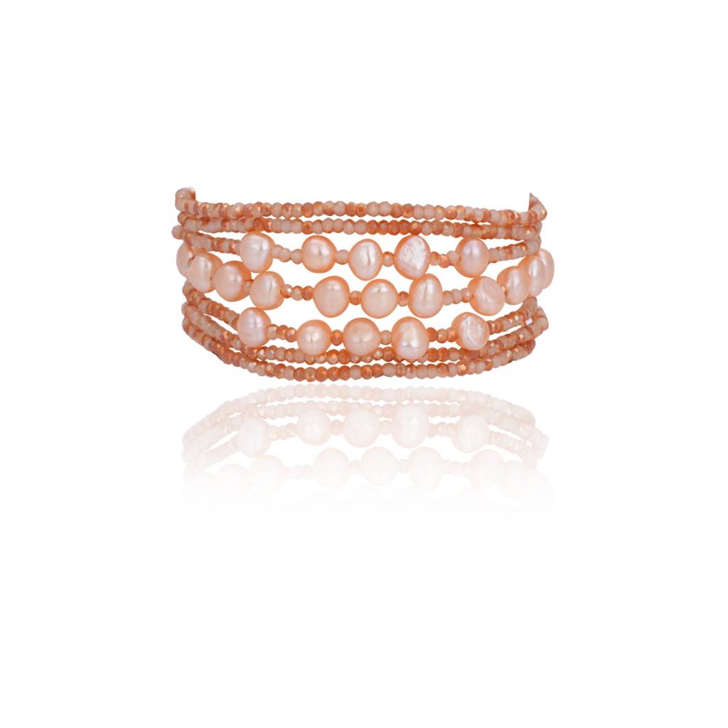 Peach Crystal Fresh Water Pearl Layered Adjustable Bracelet : NLBR-138-01PEACH