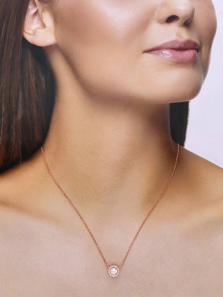 Sterling Silver Rose Gold Single Crystal Zirconia Casual Necklace : NLCS129-RG-NA