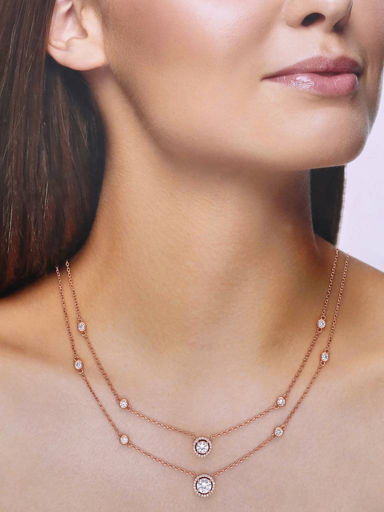 Sterling Silver Rose Gold Round Cut Double Layered Chain Necklace : NLCS135-RG-NA