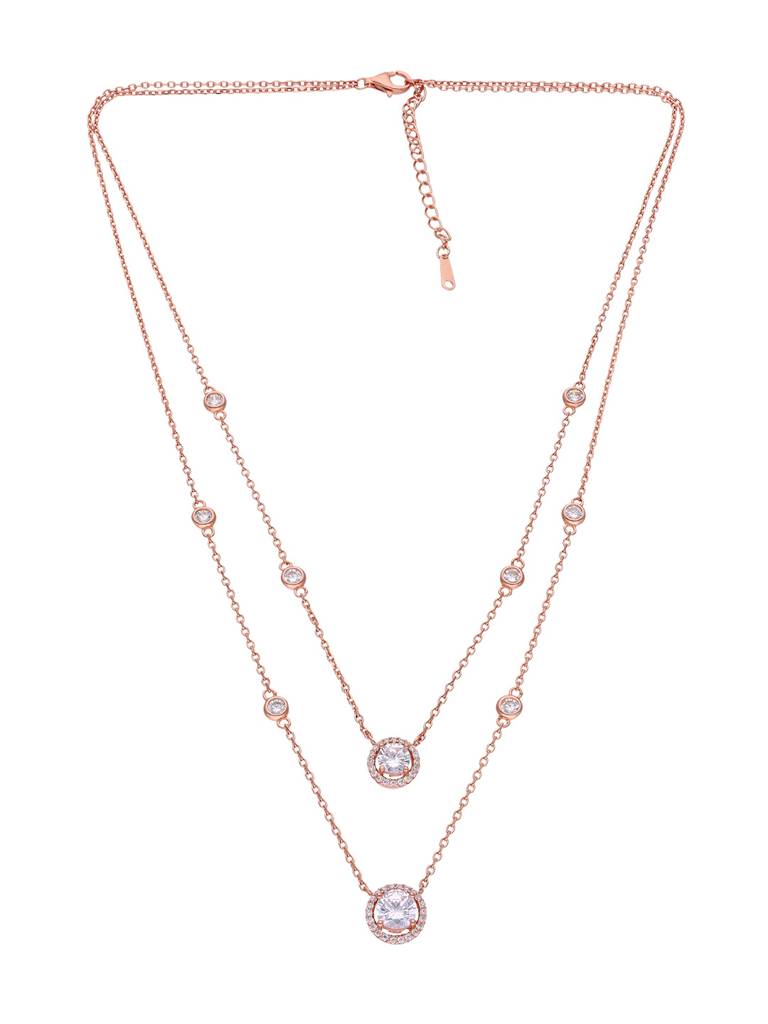 Sterling Silver Rose Gold Round Cut Double Layered Chain Necklace : NLCS135-RG-NA
