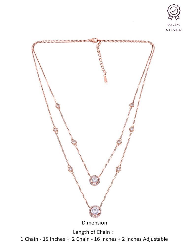 Sterling Silver Rose Gold Round Cut Double Layered Chain Necklace : NLCS135-RG-NA