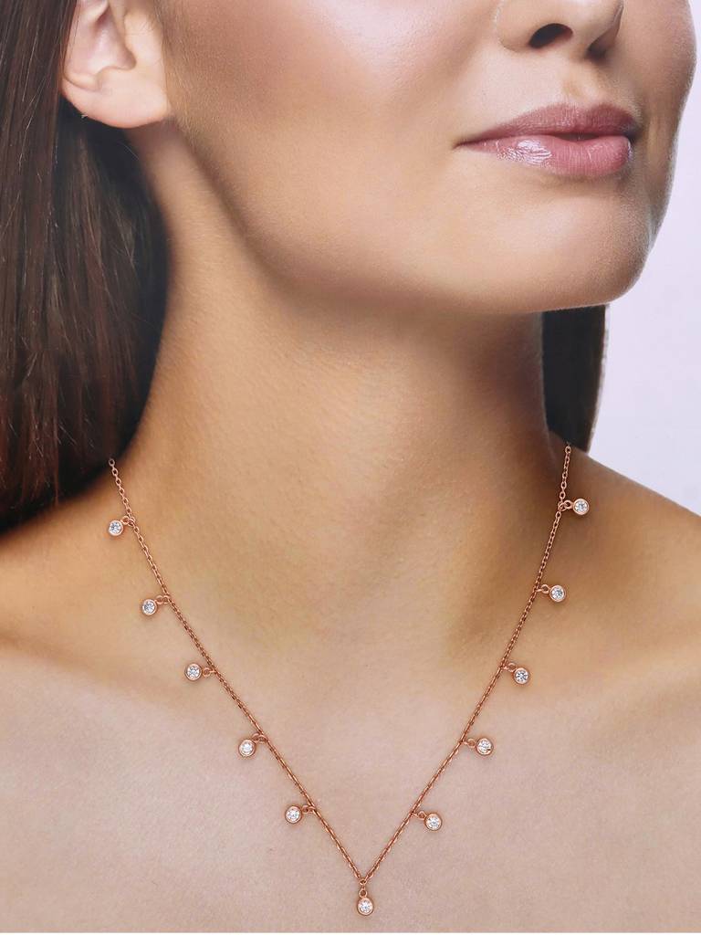 Sterling Silver Rose Gold Dancing Zircon Beads Casual Necklace : NLCS137-RG-NA