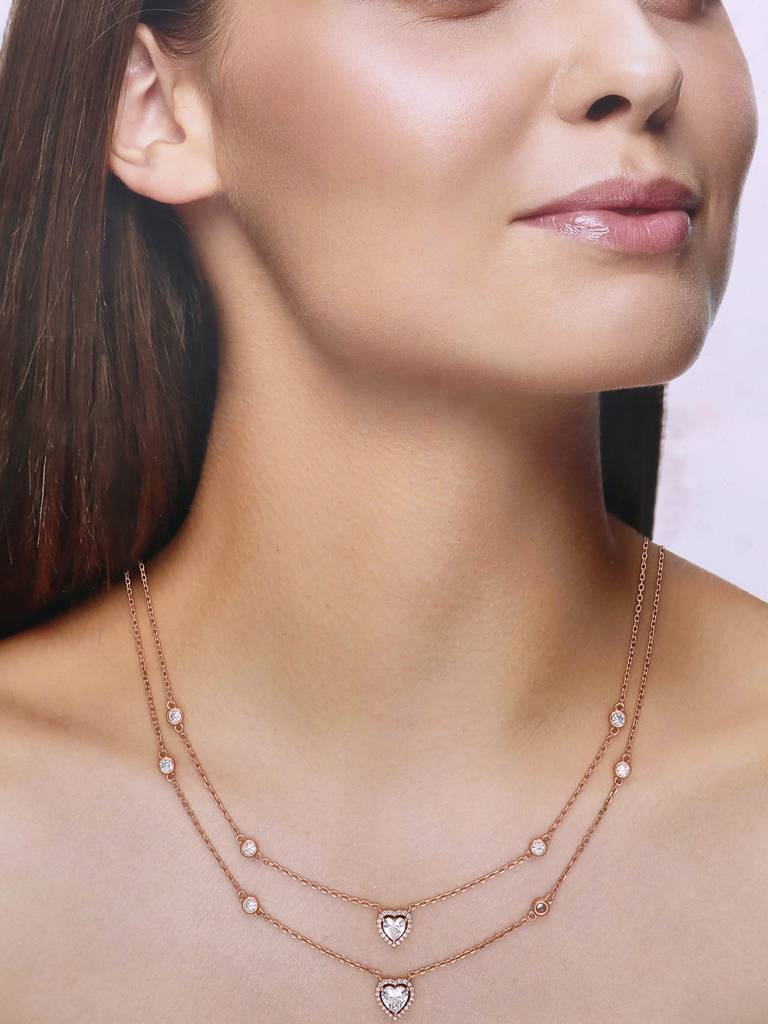 Sterling Silver Rose Gold Layered Hearts Chain Necklace : NLCS140-RG-NA