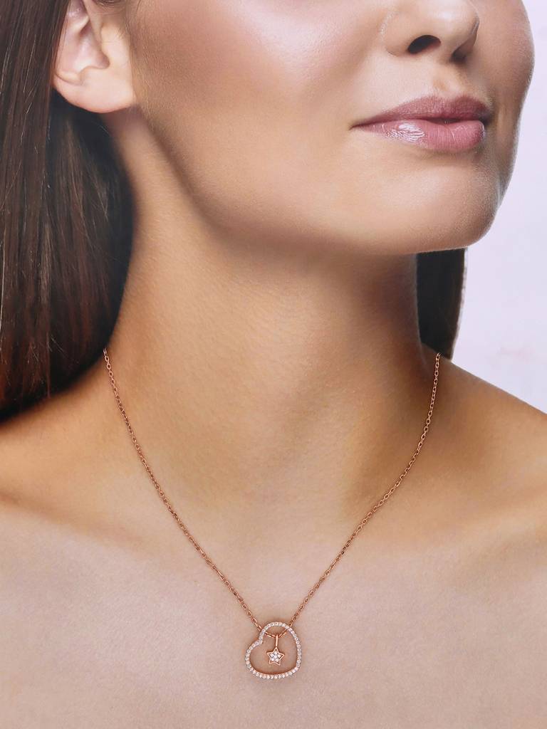 Sterling Silver Rose Gold A Star Spangled Chain Heart Necklace : NLCS142-RG-NA