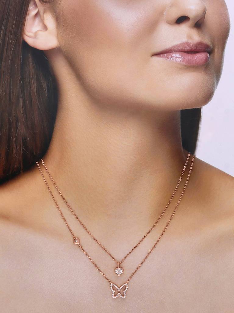 Sterling Silver Rose Gold A Flutter Of Hearts Chain Necklace : NLCS143-RG-NA