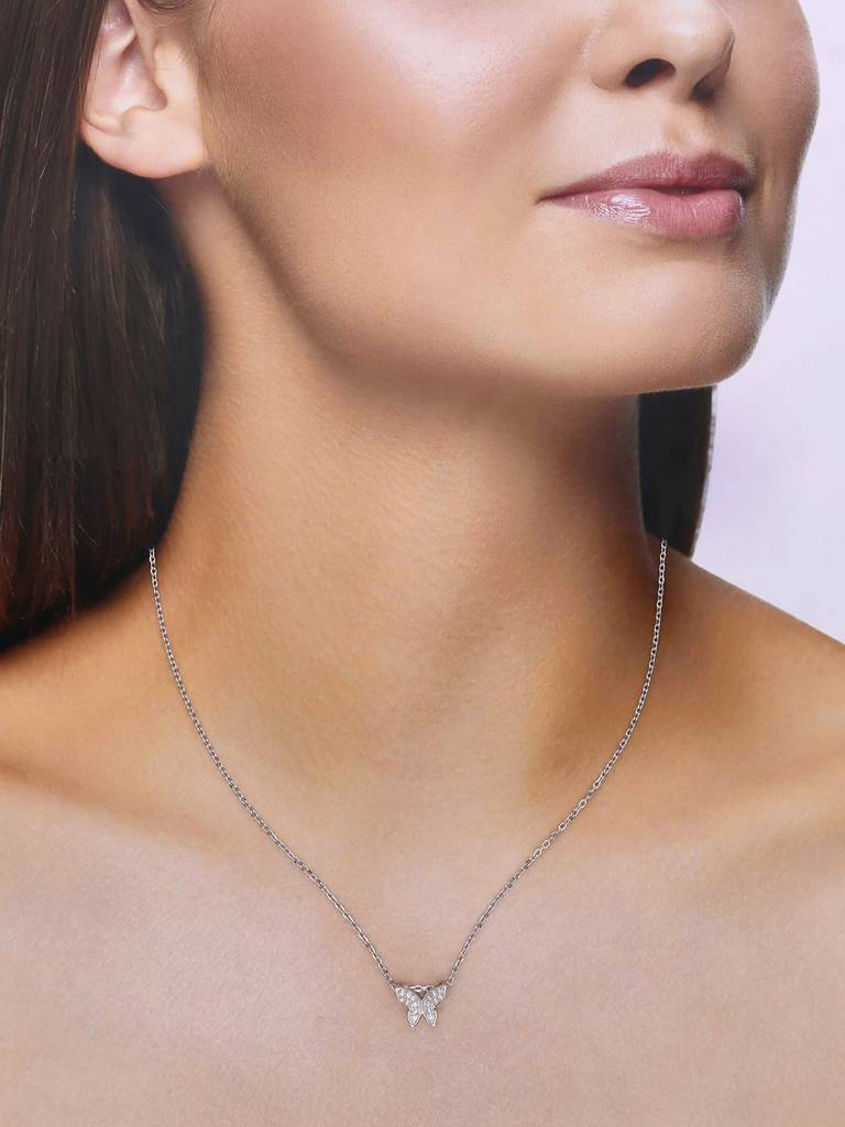 Sterling Silver Zircon Studded Butterfly Casual Necklace : NLCS146-S-NA