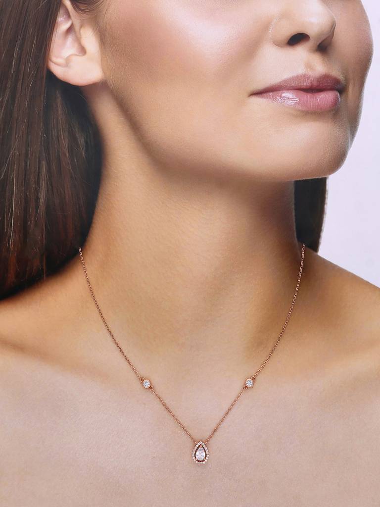 Sterling Silver Rose Gold Minimal Crystal Drop Casual Necklace : NLCS153-RG-NA