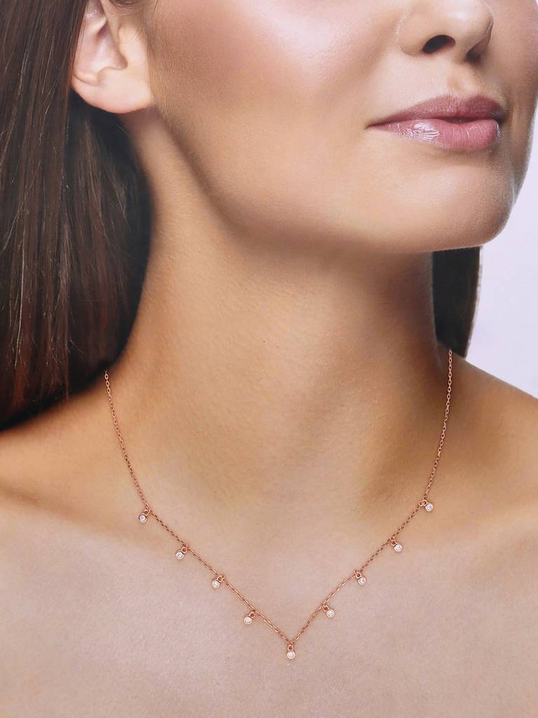 Sterling Silver Rose Gold Dancing Beaded Zirconia Casual Necklace : NLCS155-RG-NA