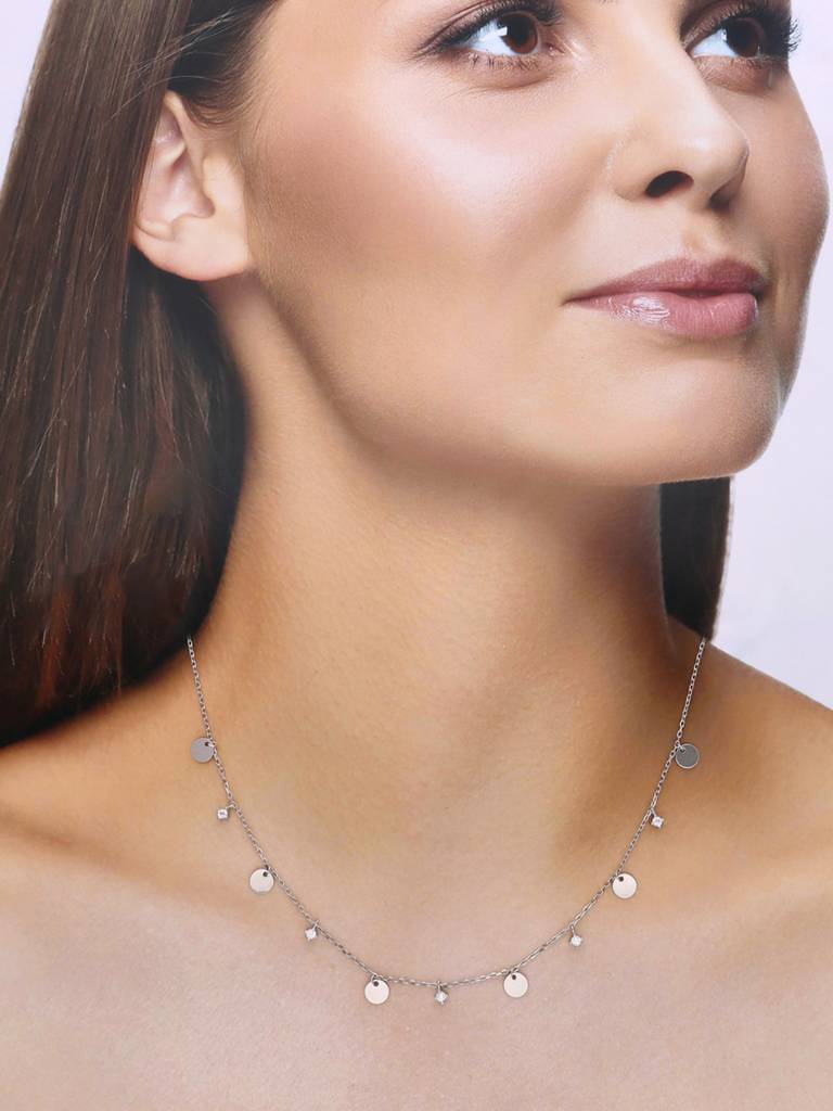 Sterling Silver Dancing Coins And Zirconia Casual Necklace : NLCS165-S-NA