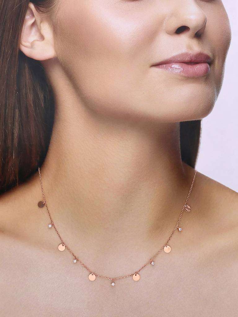 Sterling Silver Rose Gold Dancing Coins And Zirconia Casual Necklace : NLCS166-RG-NA