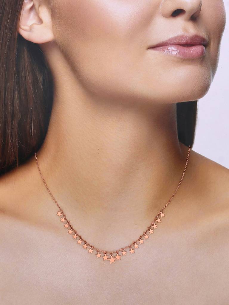 Sterling Silver Rose Gold Strand Of Twinkling Stars Casual Necklace : NLCS174-RG-NA