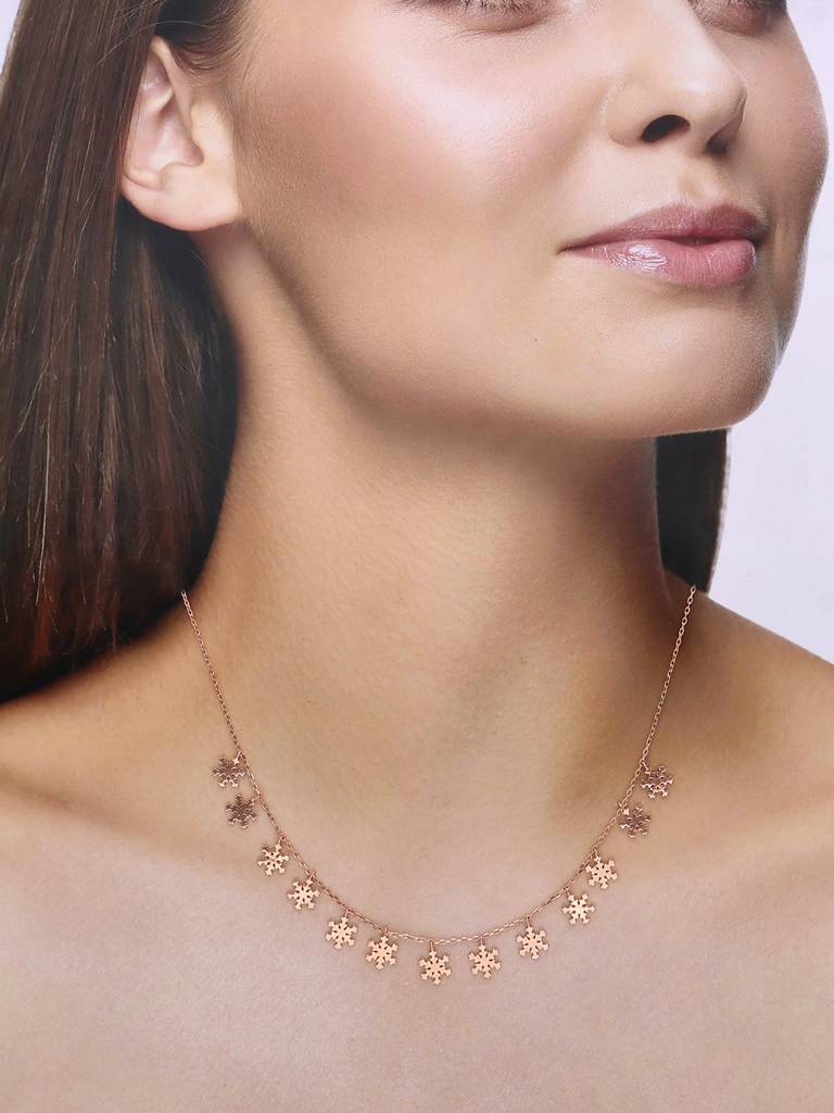 Sterling Silver Rose Gold Strand Of Snowflakes Casual Necklace : NLCS176-RG-NA