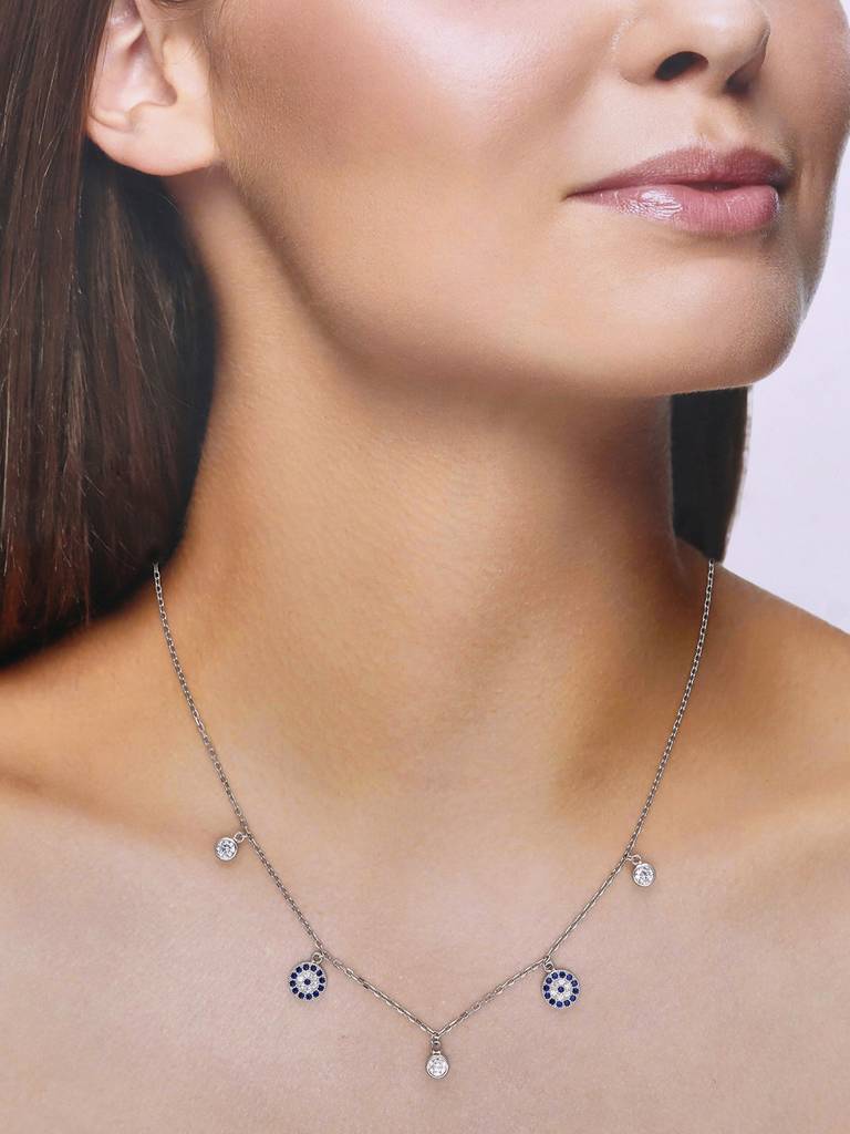 Sterling Silver Round Evil Eye & Diamond Charms Chain Necklace : NLCS194-S-NA