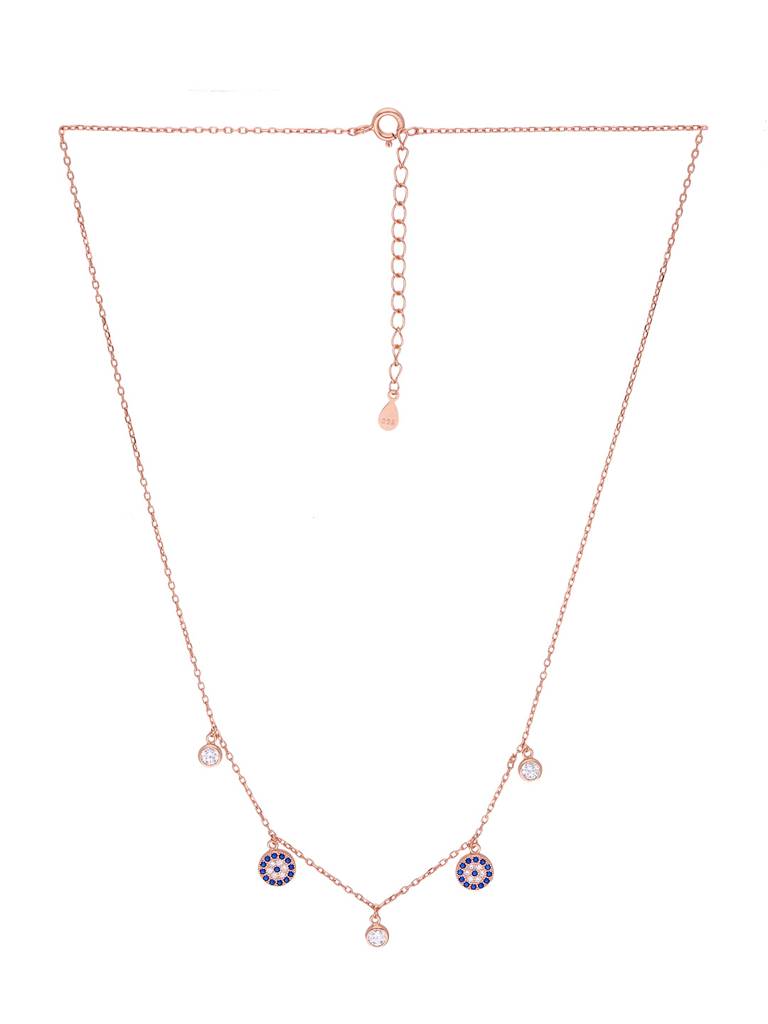 Sterling Silver Rose Gold Round Evil Eye & Diamond Charms Chain Necklace : NLCS195-RG-NA