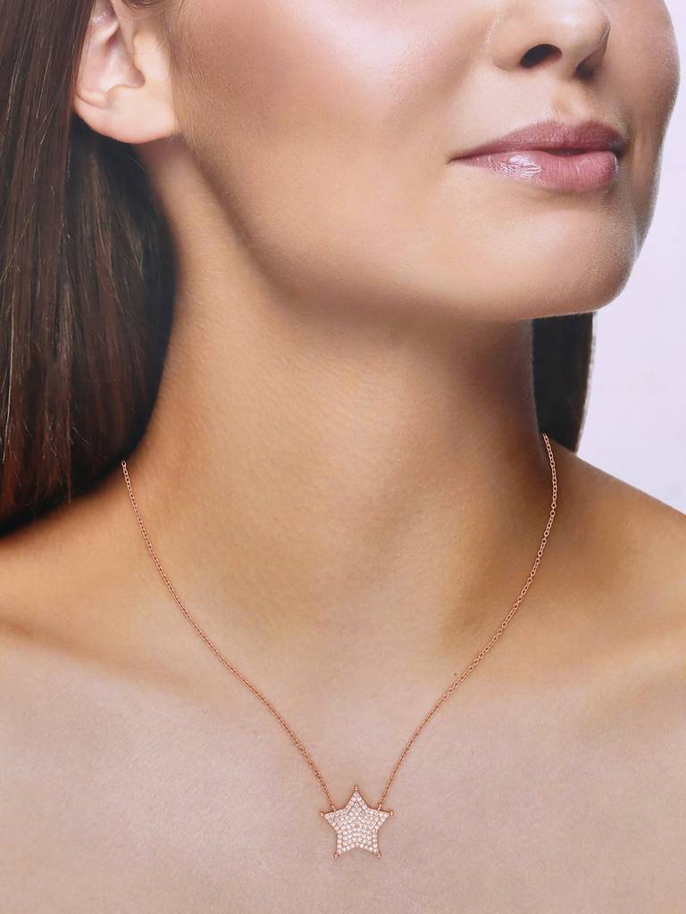 Sterling Silver Rose Gold Shining Zircon Star Casual Necklace : NLCS201-RG-NA
