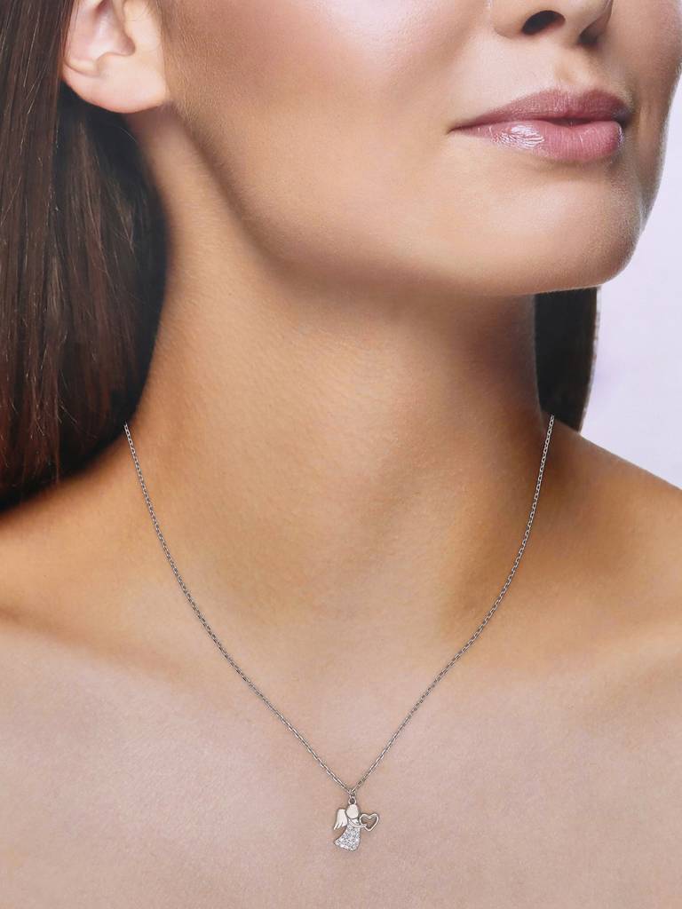 Sterling Silver Single Angel With Heart Casual Chain Necklace : NLCS206-S-NA