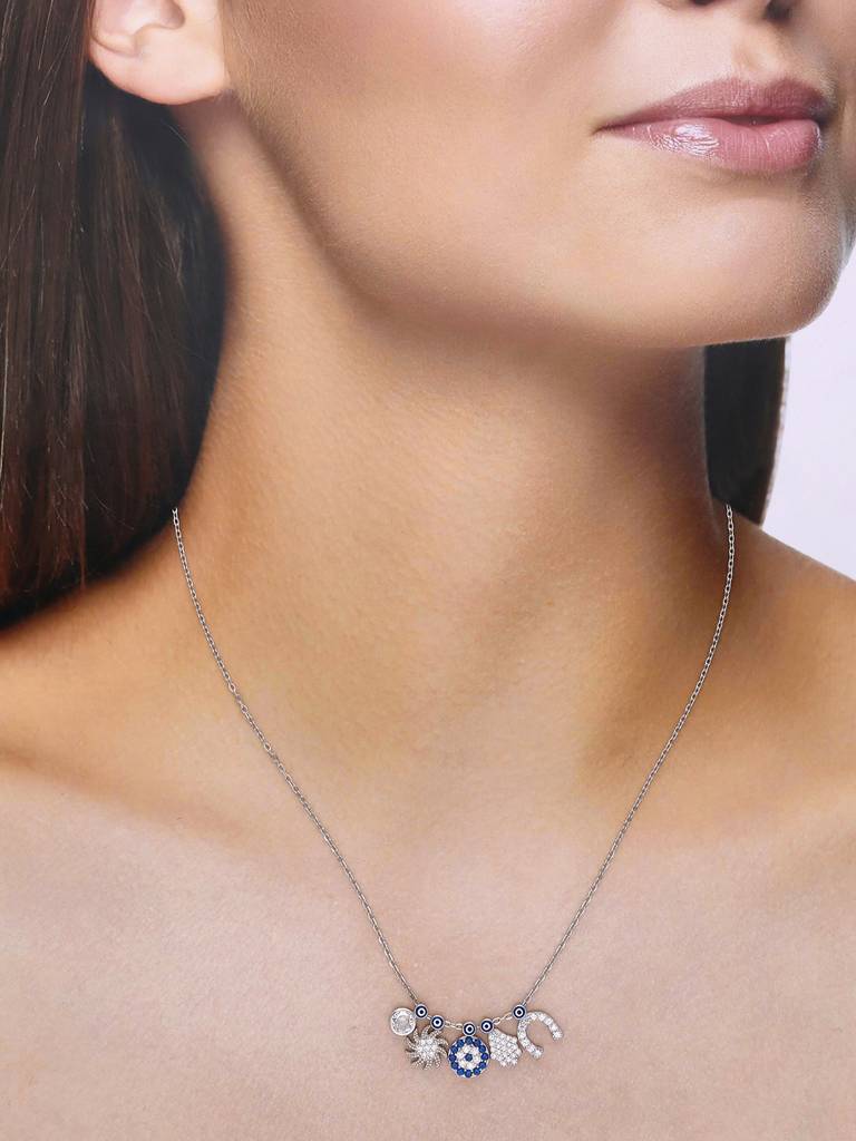 Sterling Silver Multi Charms Evil Eye Chain Necklace : NLCS214-S-NA