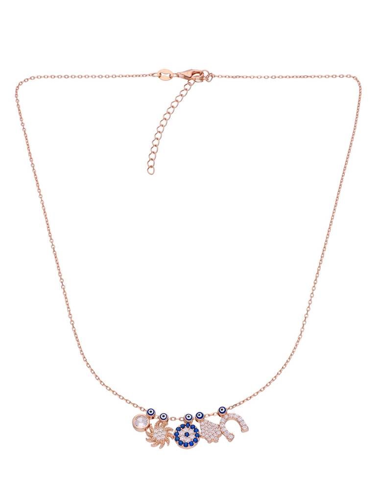 Sterling Silver Rose Gold Multi Charms Evil Eye Chain Necklace : NLCS216-RG-NA