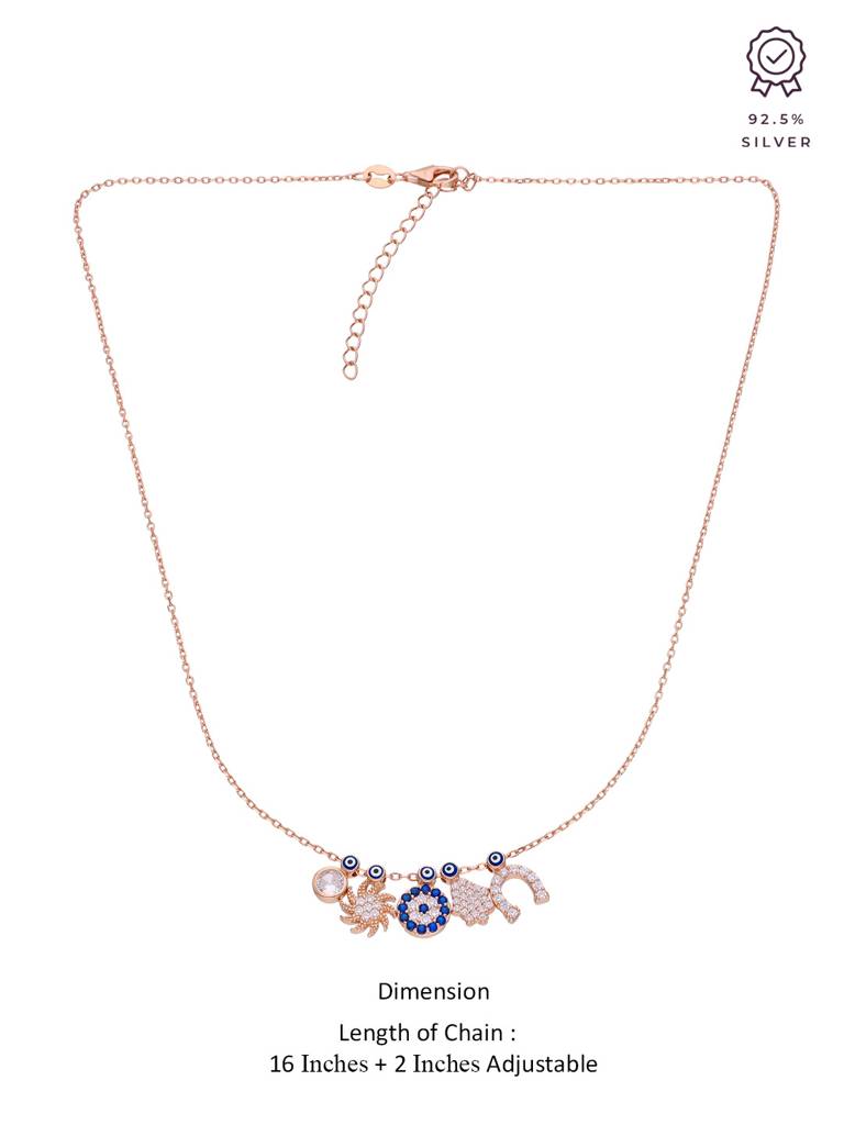 Sterling Silver Rose Gold Multi Charms Evil Eye Chain Necklace : NLCS216-RG-NA