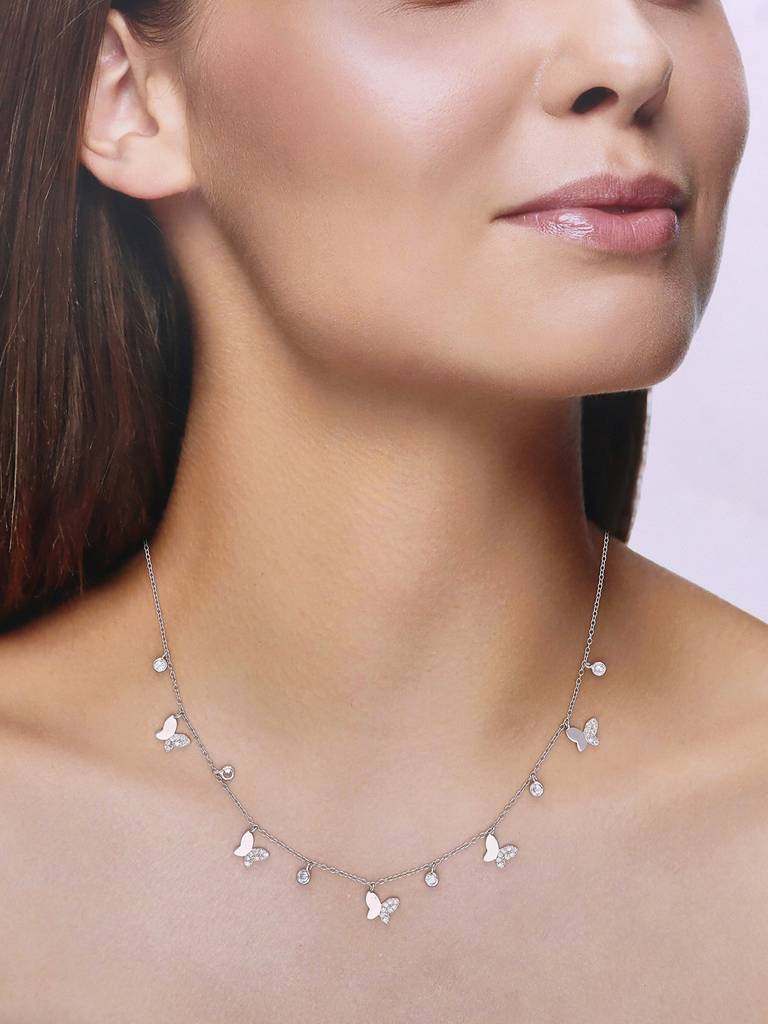 Sterling Silver Strand Of Butterflies Zircon Casual Necklace : NLCS221-S-NA