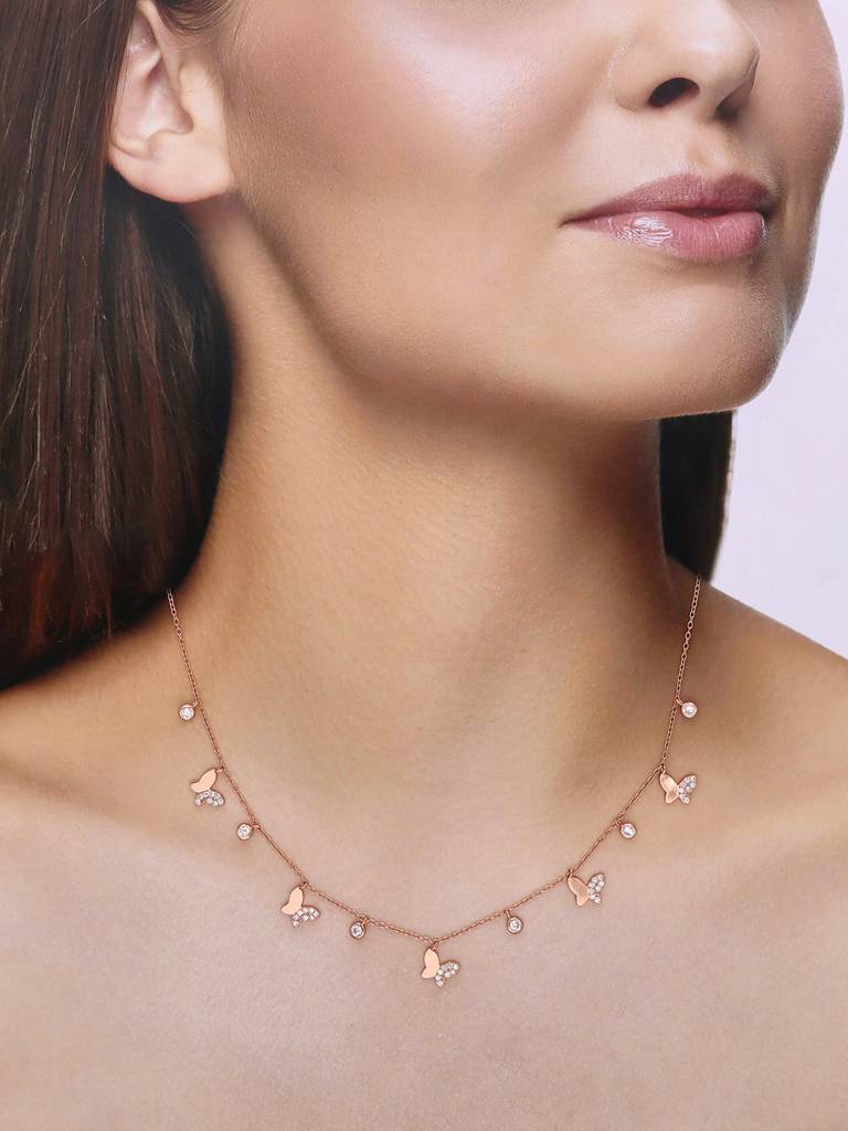 Sterling Silver Rose Gold Strand Of Butterflies Zircon Casual Necklace : NLCS222-RG-NA