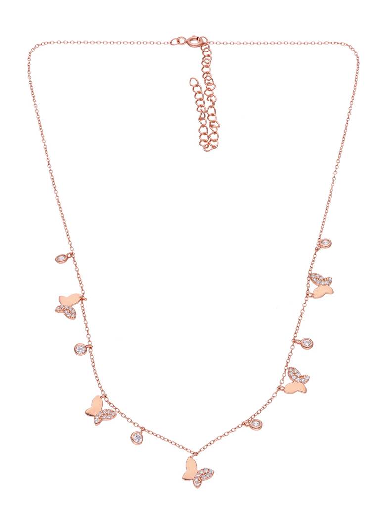 Sterling Silver Rose Gold Strand Of Butterflies Zircon Casual Necklace : NLCS222-RG-NA