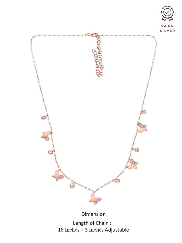 Sterling Silver Rose Gold Strand Of Butterflies Zircon Casual Necklace : NLCS222-RG-NA