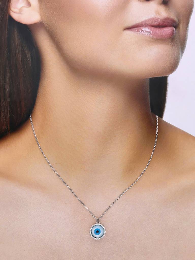 Sterling Silver Circular Diamond Studded Ring Evil Eye Chain Necklace : NLCS234-S-NA